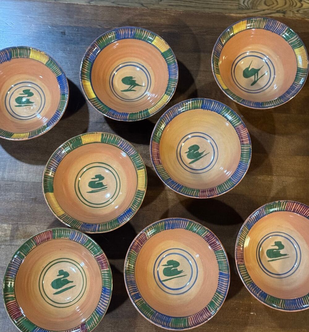 Great Set of 8 Vintage Mexican Majolica Bowls Bird Pattern Pristine Gorky Style